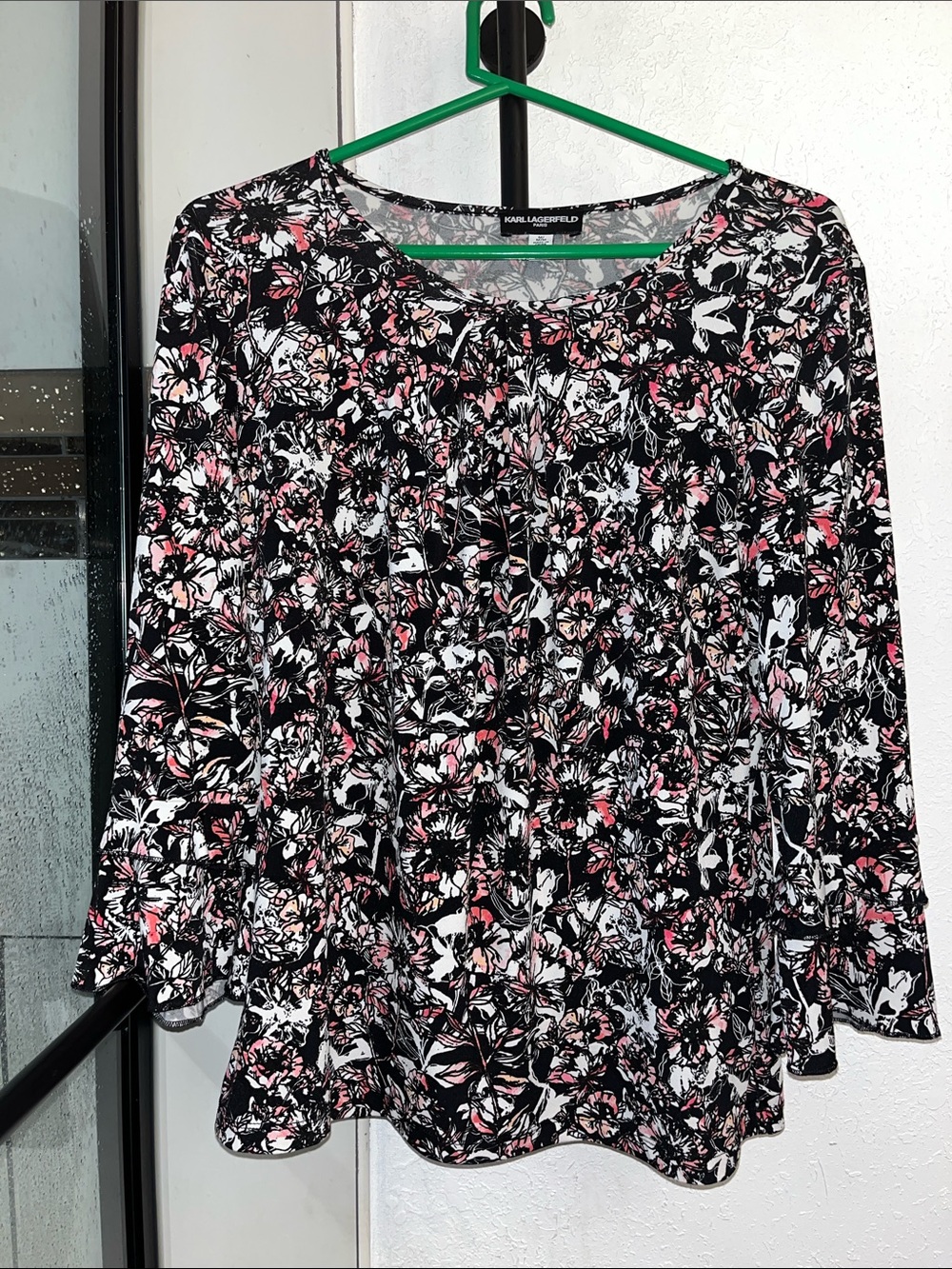 Karl Lagerfeld Black Floral Scoop Neck Blouse with Pink and White Accents